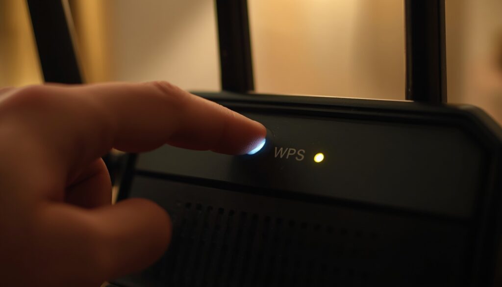 Hand pressing the WPS button on the back of a WiFi router