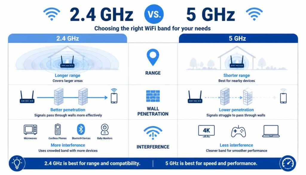 Visual comparison chart of 2.4 GHz versus 5 GHz WiFi showing range, wall penetration, and interference differences