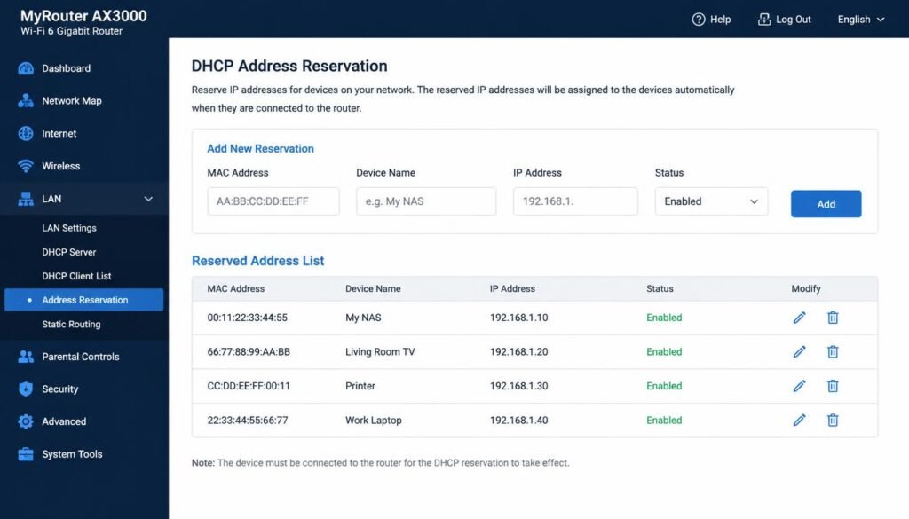 Router admin panel DHCP reservation screen for static IP setup