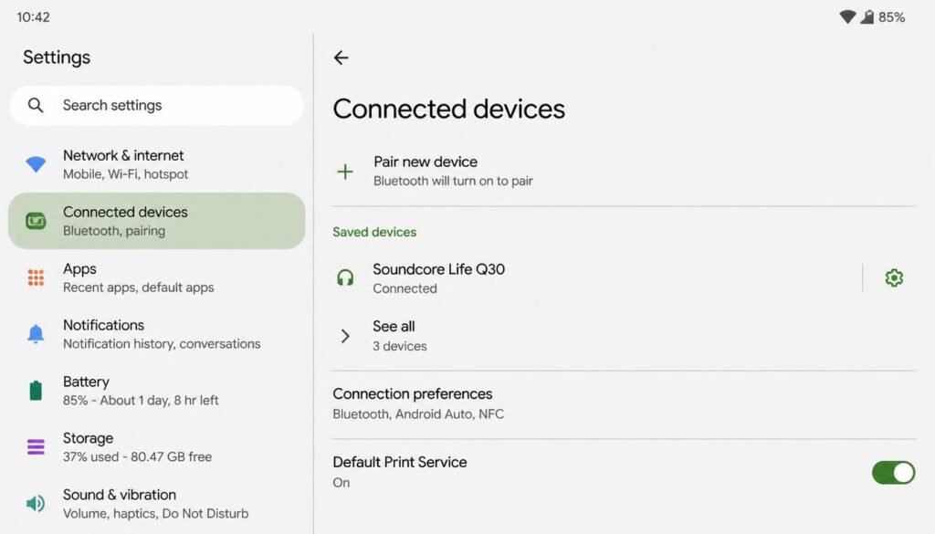 Android Settings screen showing Connected Devices and Default Print Service toggle