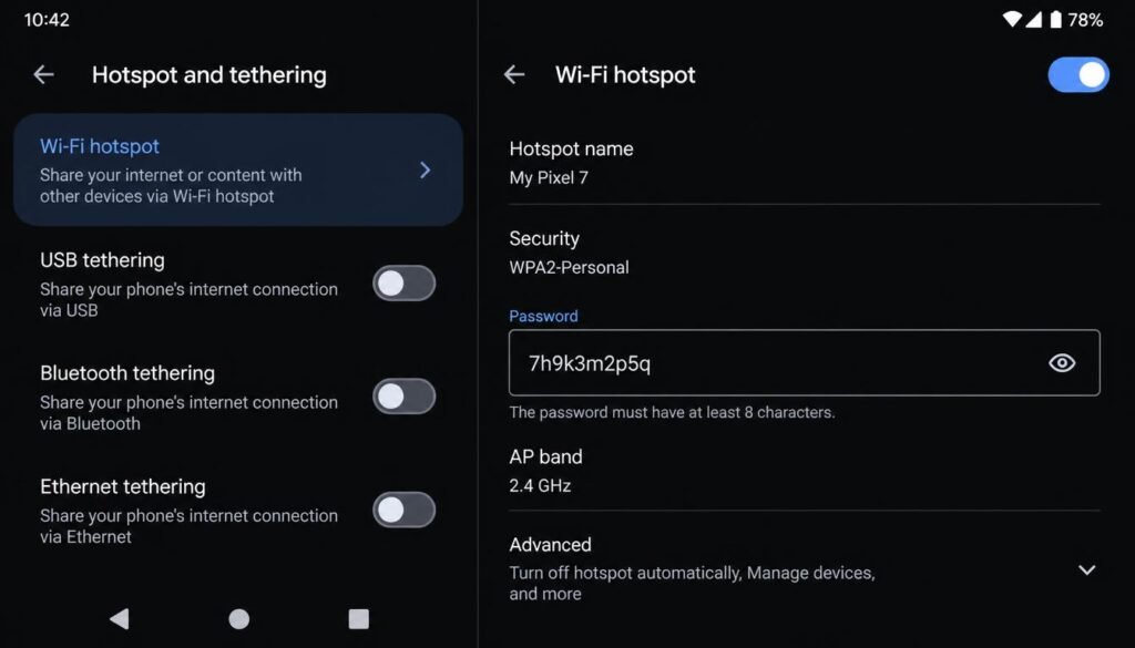 Android hotspot and tethering settings menu with WiFi hotspot password field