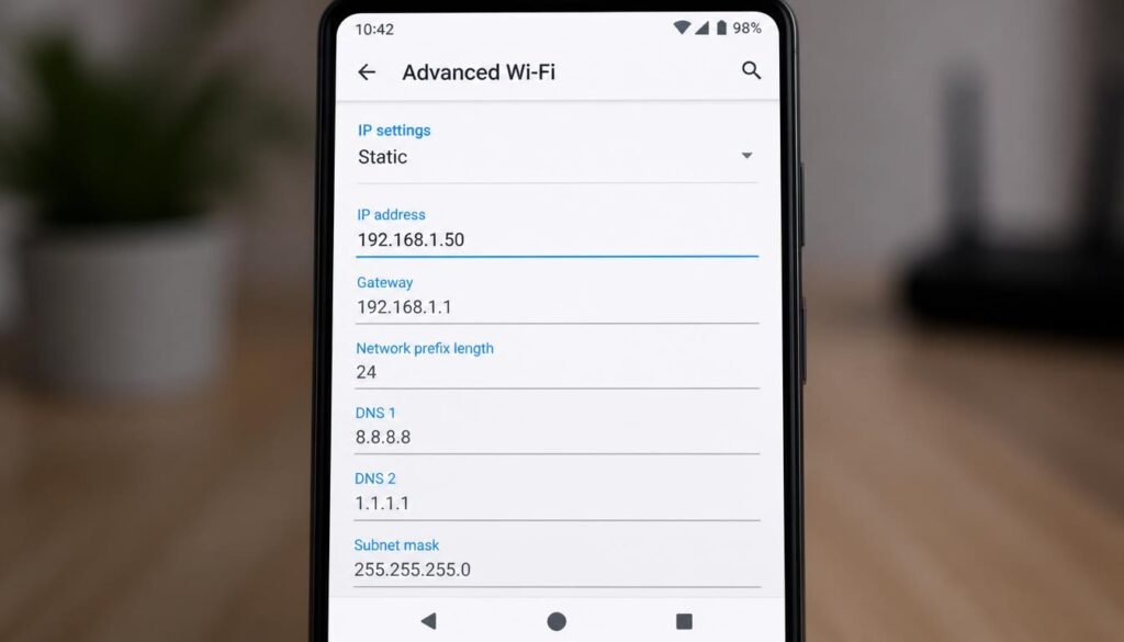 Android WiFi advanced options with static IP settings visible