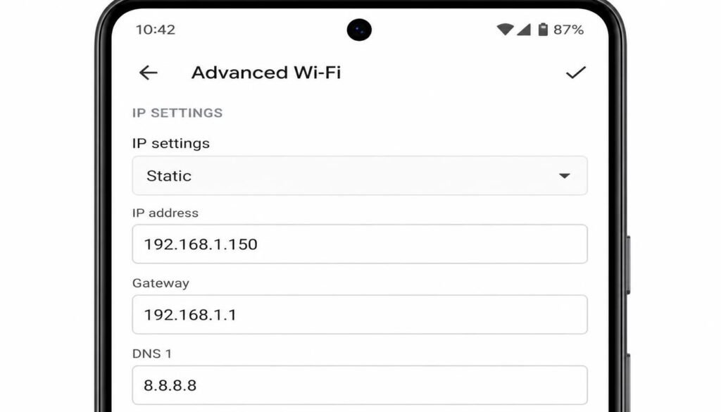 Android WiFi advanced IP settings showing static IP fields