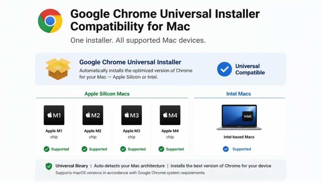 Google Chrome universal installer compatibility for Apple Silicon M1 M2 M3 M4 and Intel Mac