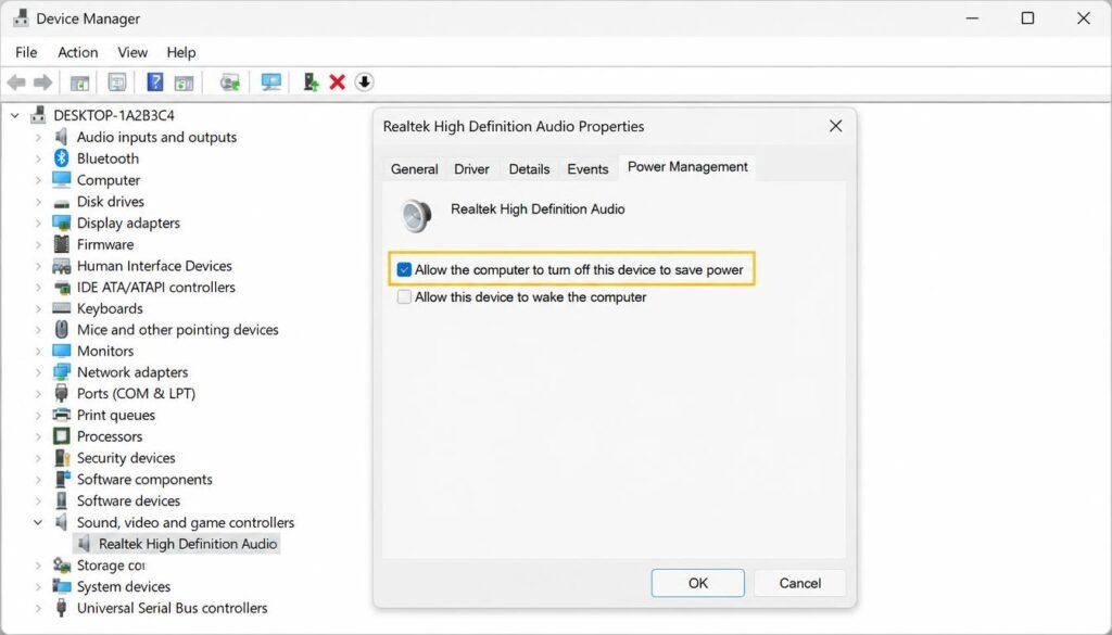 Windows Device Manager Power Management tab showing the option to disable power saving for a wireless adapter