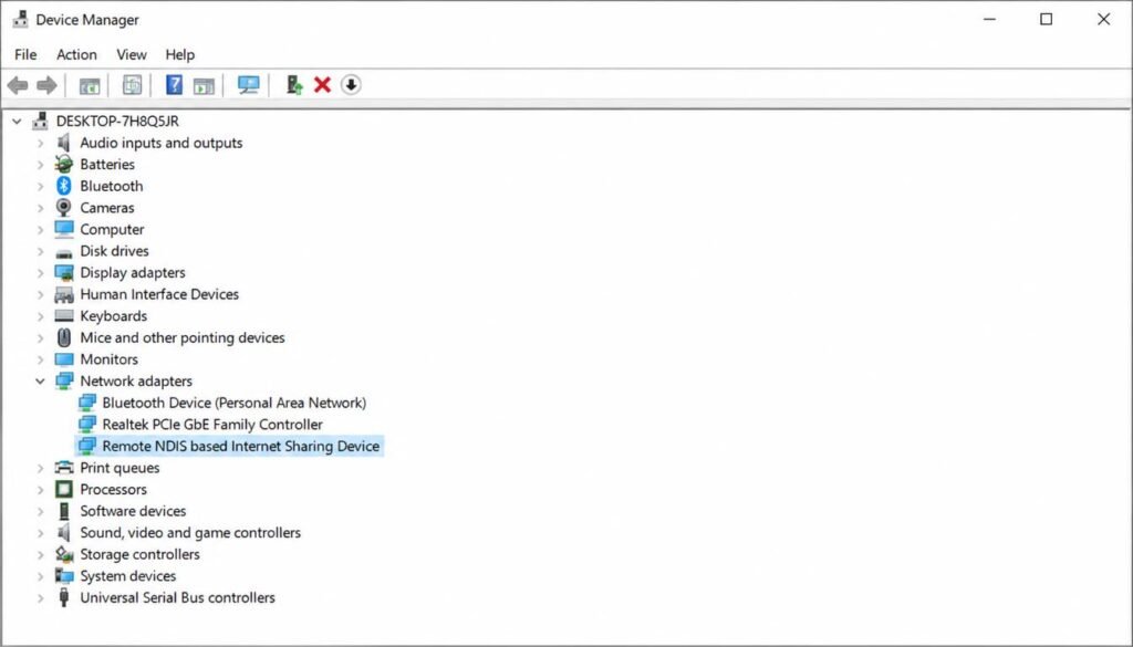 Windows Device Manager showing RNDIS network adapter after USB tethering