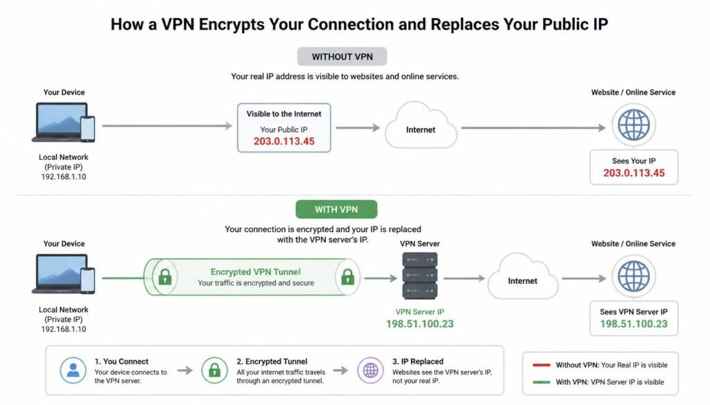 Diagram showing a VPN encrypted tunnel replacing a device's public IP address with the VPN server's IP