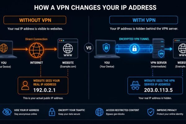 Infographic illustrating how a VPN replaces your public IP address with a VPN server IP while leaving your private LAN IP unchanged