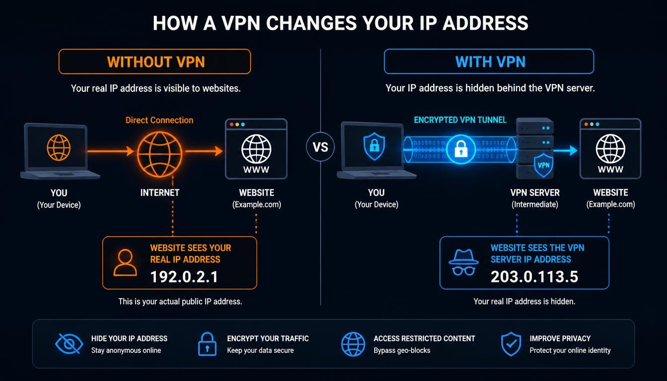 Infographic illustrating how a VPN replaces your public IP address with a VPN server IP while leaving your private LAN IP unchanged