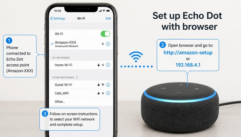 Phone connected to Echo Dot access point network for browser based WiFi setup without the app