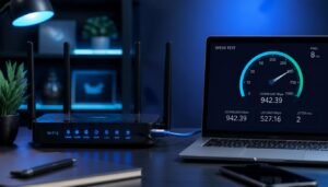 A high-tech workspace showing laptop with download progress bar, modern Wi-Fi 6 router, and Cat6 Ethernet cable for internet speed diagnostic.