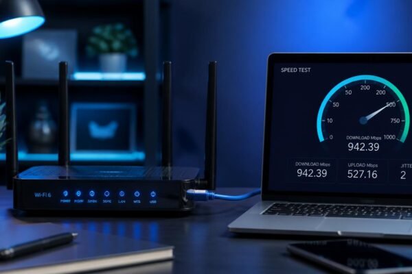 A high-tech workspace showing laptop with download progress bar, modern Wi-Fi 6 router, and Cat6 Ethernet cable for internet speed diagnostic.