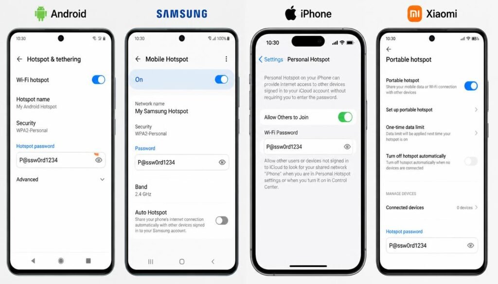 How Do I Find My Hotspot Password
Hotspot password settings screen comparison across Android, Samsung, iPhone, and Xiaomi