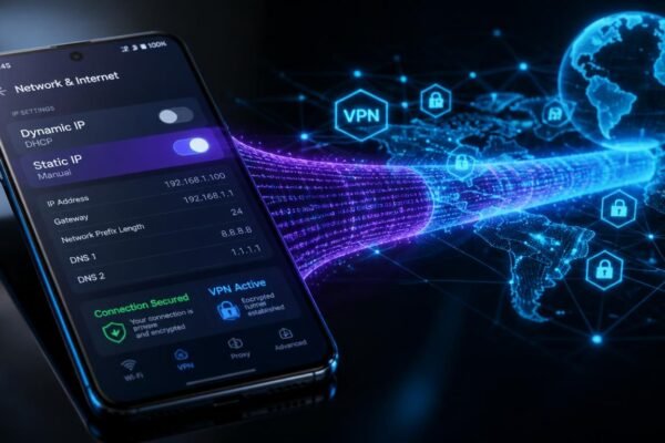 Step by step guide showing how to change IP address on Android using VPN settings and manual static IP configuration.