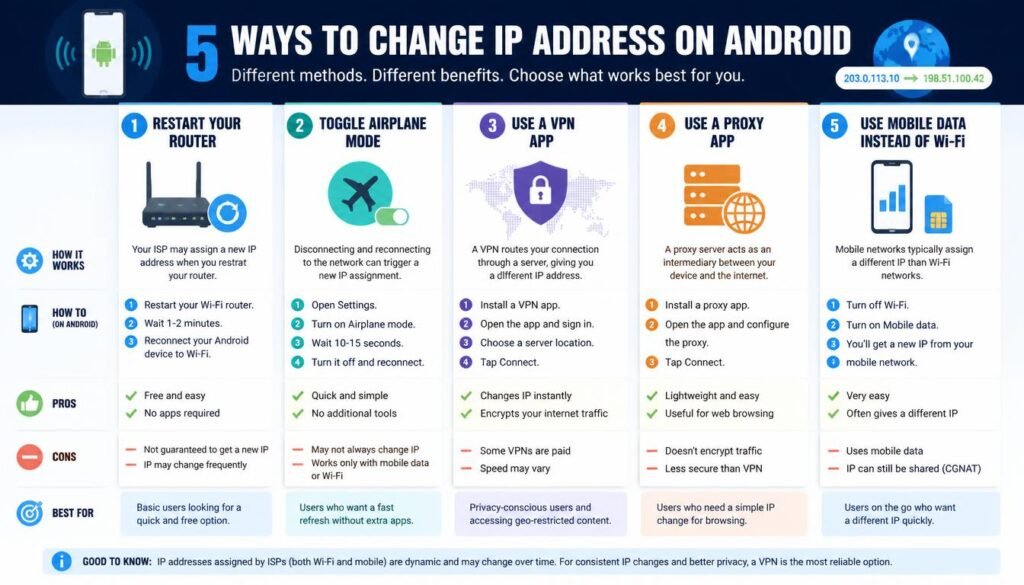 Five methods to change IP address on Android compared