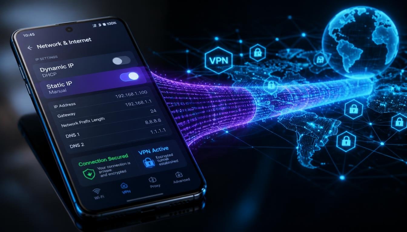 Step by step guide showing how to change IP address on Android using VPN settings and manual static IP configuration.