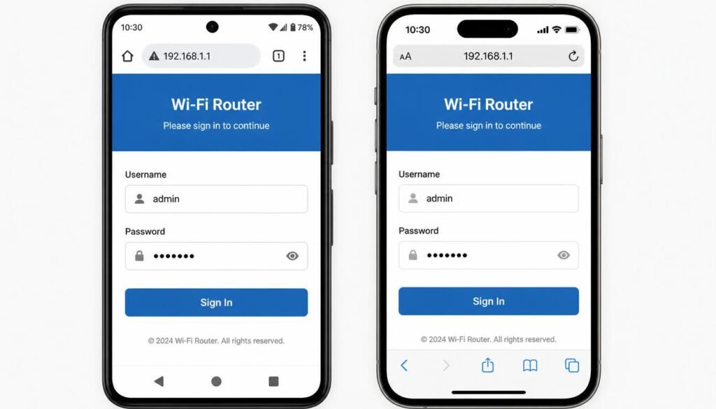 Android and iPhone side by side showing router login in mobile browser