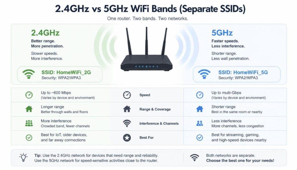 Diagram comparing 2.4GHz and 5GHz WiFi bands with separate SSIDs
