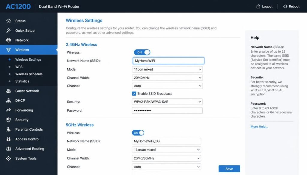 Router admin panel wireless settings screen with SSID field highlighted