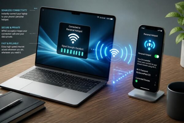 A step-by-step guide showing how to connect hotspot to laptop wirelessly and via USB tethering.