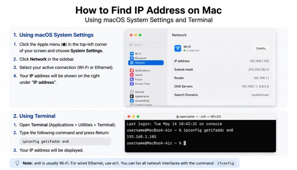 How to find IP address on Mac using macOS System Settings and Terminal
