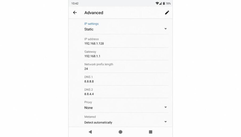 Android Wi-Fi advanced settings screen showing IP address and gateway detail