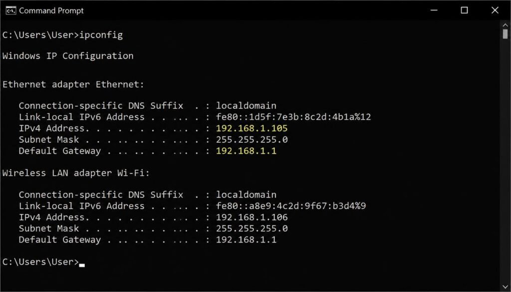 Command Prompt window displaying ipconfig results showing IPv4 address and default gateway