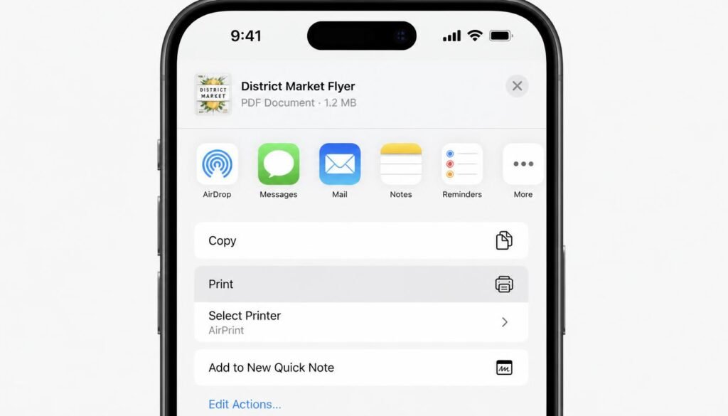 iPhone Share menu showing Print and Select Printer options for AirPrint