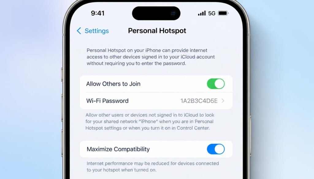iPhone Personal Hotspot screen showing the Maximize Compatibility toggle