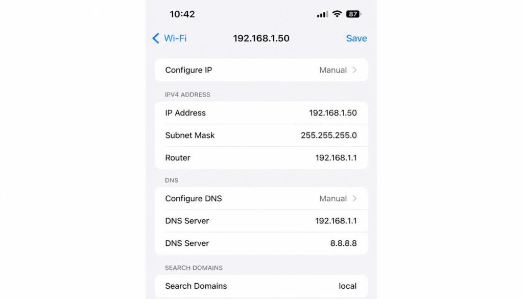 iPhone WiFi settings screen showing Configure IP set to Manual for a local address change