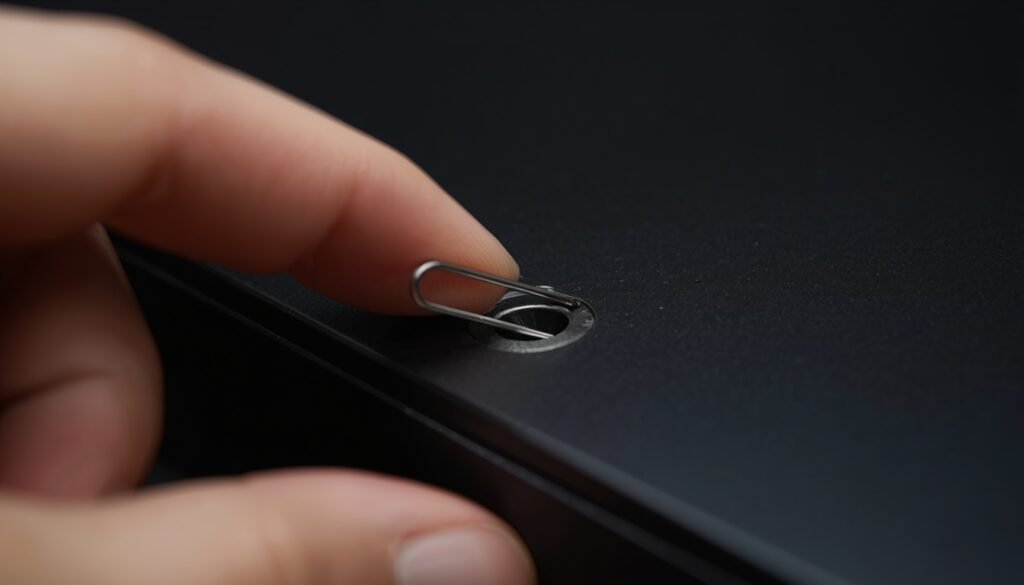 Locating and pressing the small Novo pinhole reset button on the side of a Lenovo laptop using a paperclip