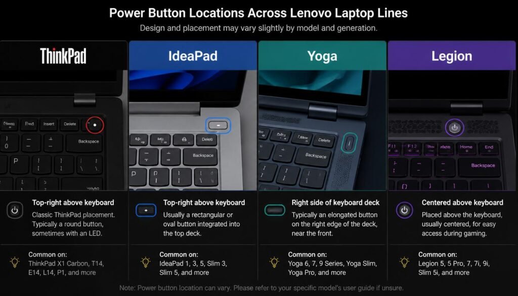 Comparison of power button locations across ThinkPad, IdeaPad, Yoga, and Legion laptop