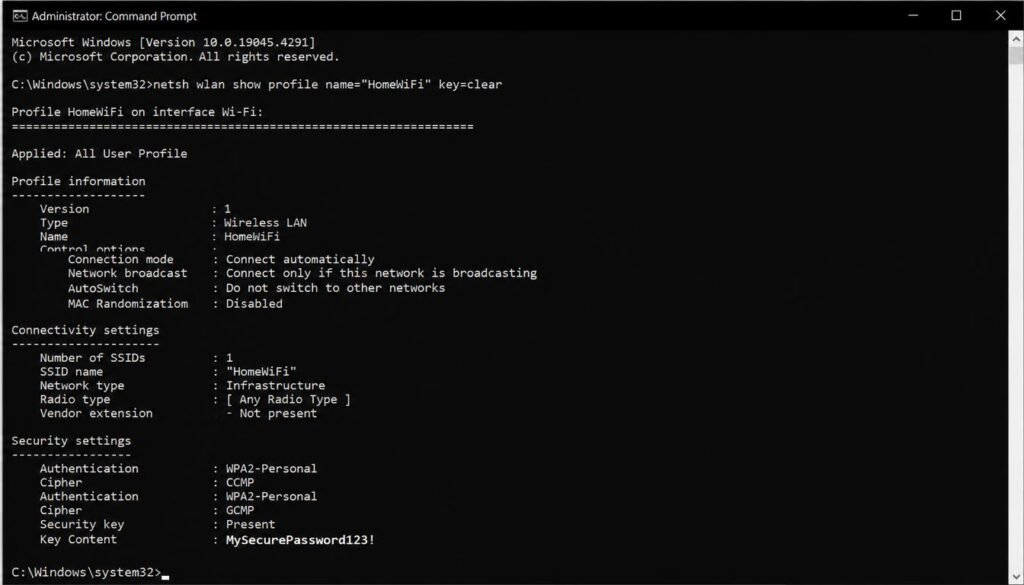 Command Prompt output showing netsh wlan show profile key clear revealing WiFi password