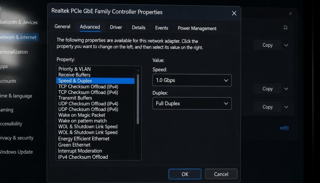 Windows 11 network adapter speed and duplex settings screen
