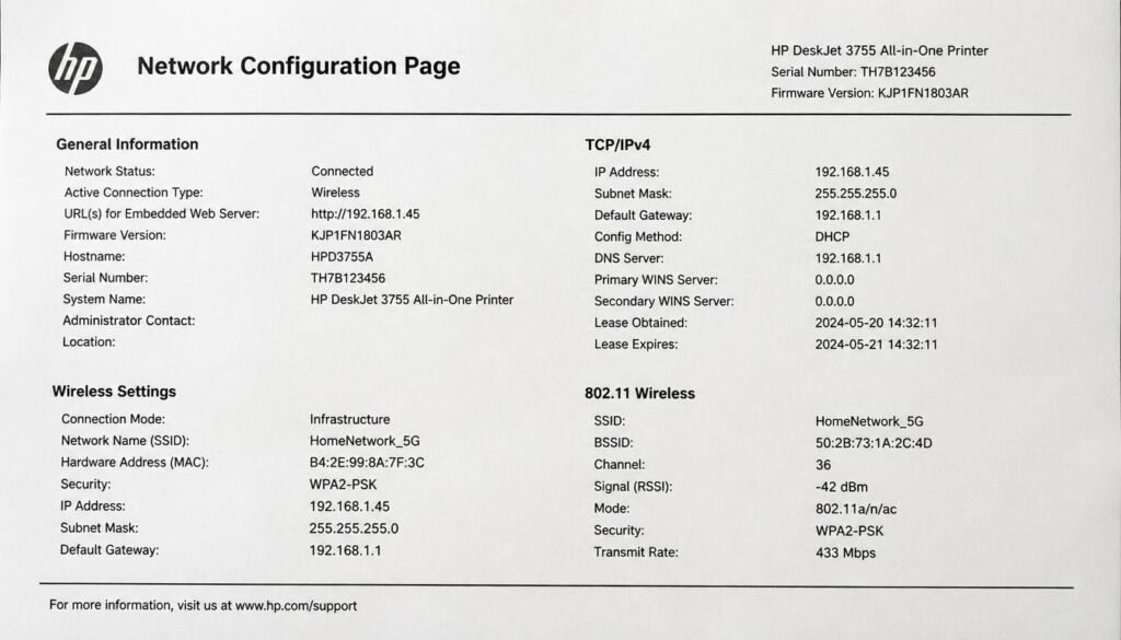 Printer network configuration page showing IP address