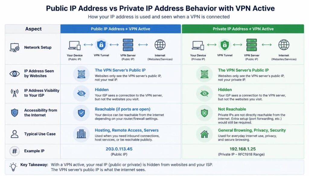 Does VPN Change IP Address
Comparison chart of public IP address vs private IP address behavior with a VPN active