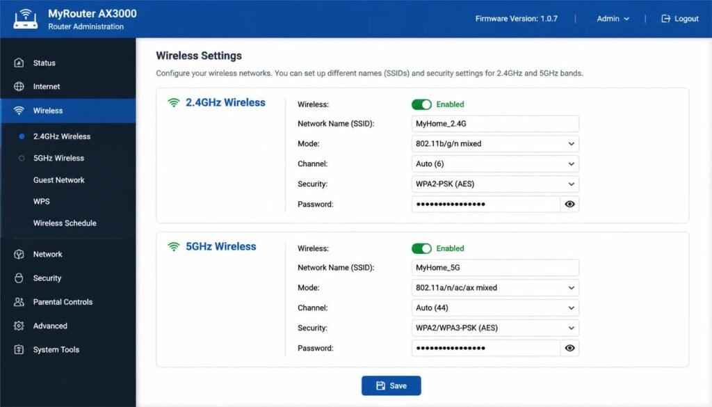 Router admin settings showing separate 2.4GHz and 5GHz WiFi networks for printer setup