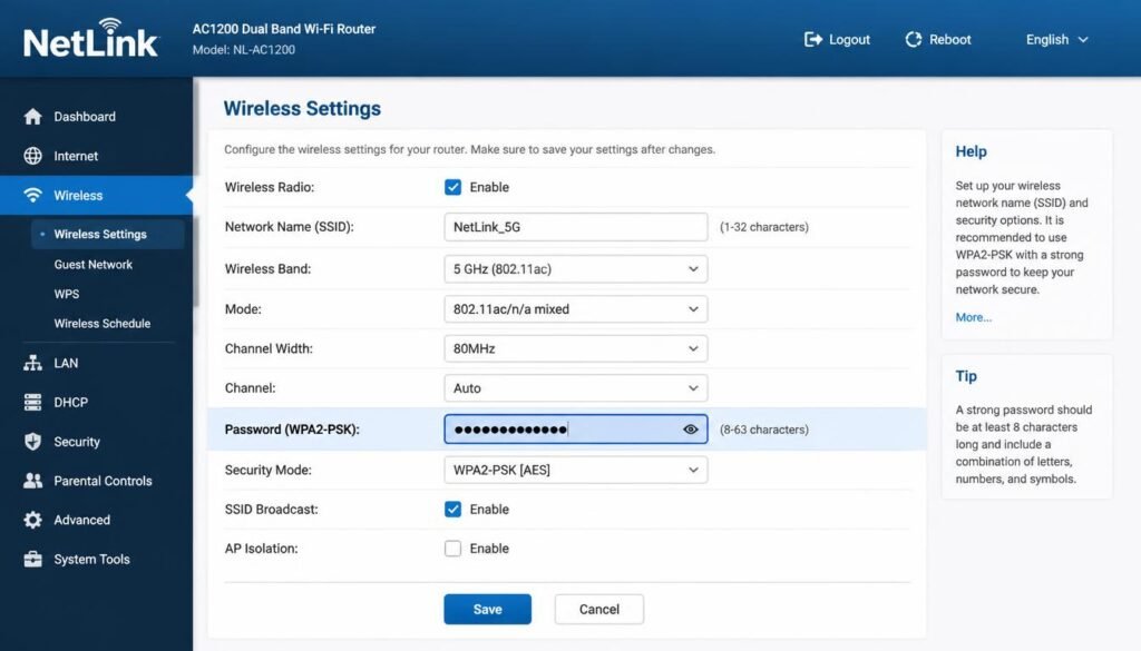 Router admin panel wireless settings password field