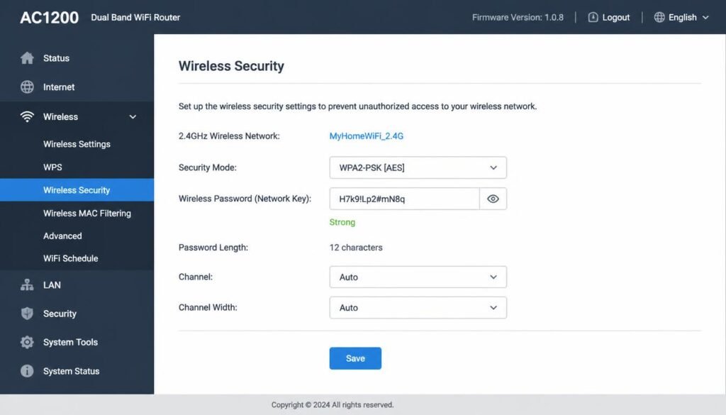 Router admin dashboard Wireless Security page displaying WiFi network key