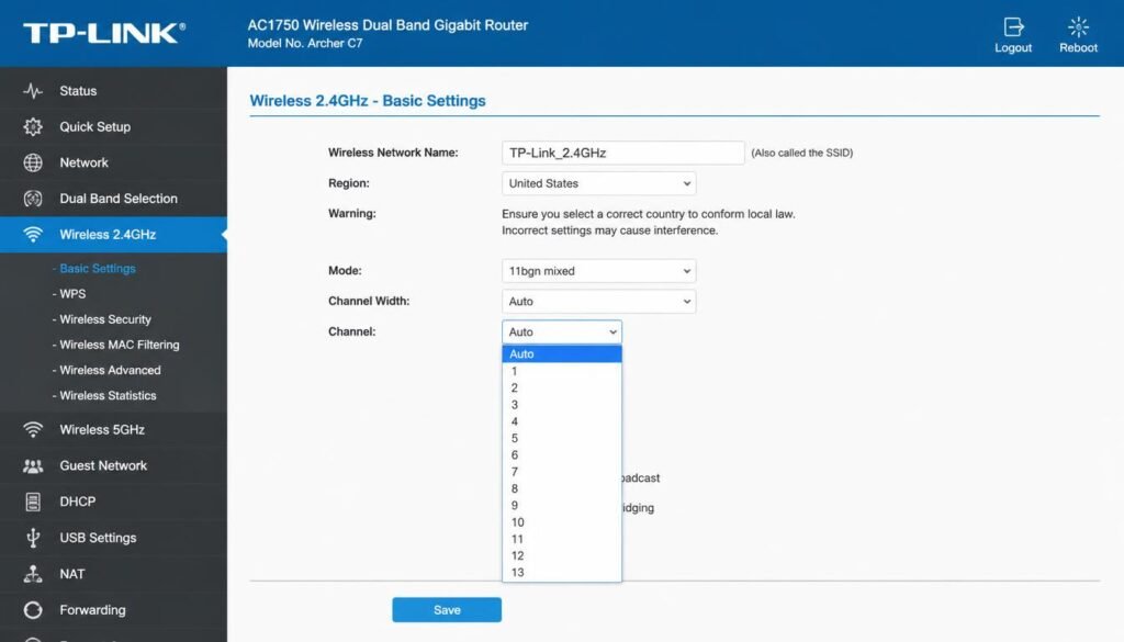 why does my WiFi keep disconnecting
Router admin panel screen showing manual WiFi channel selection to reduce interference