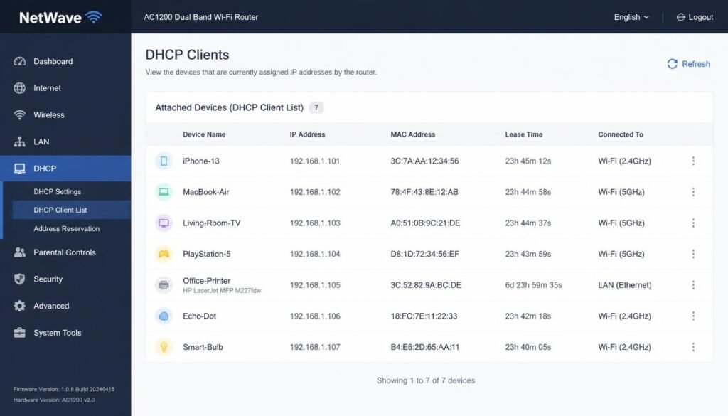 Router DHCP client list showing printer IP address