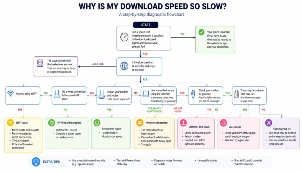 Diagnostic flowchart for why is my download speed so slow