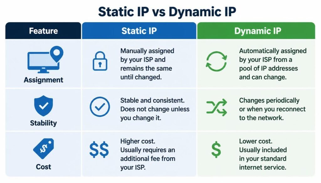 Static IP vs dynamic IP comparison chart showing assignment, stability, and cos