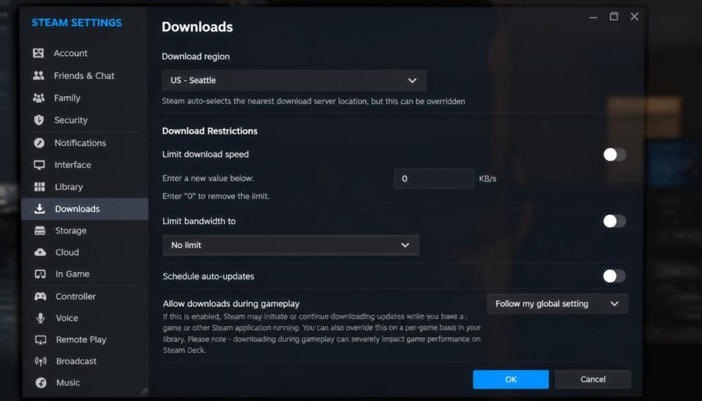 Steam download region and bandwidth settings menu
