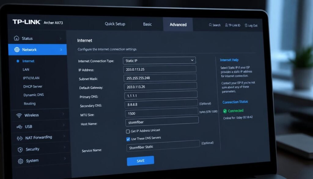 Router WAN configuration screen for Stormfiber static IP