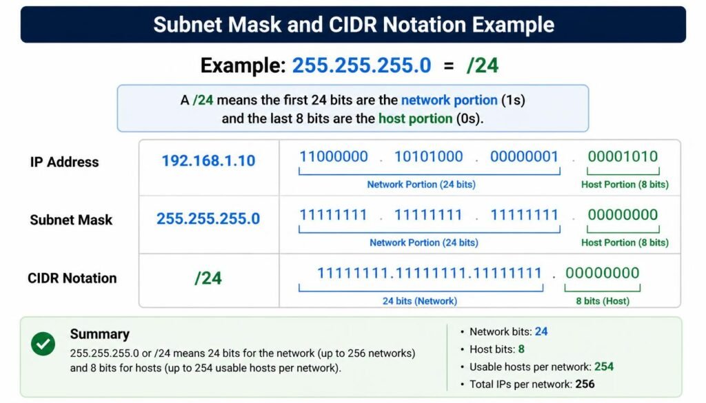 Subnet mask and CIDR notation example showing 255.255.255.0 and /24 breakdown