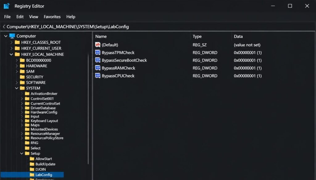 Registry edit screen for TPM 2.0 bypass on Windows 11