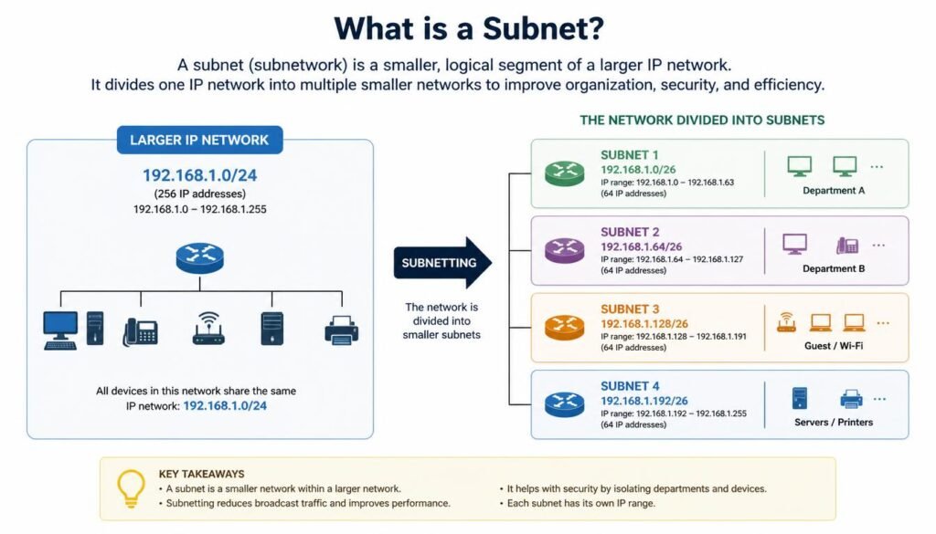 Diagram showing what is a subnet and how it divides a larger IP network into segments
