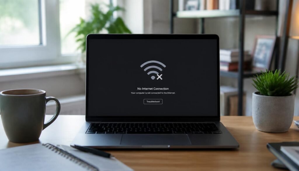 Laptop screen showing a WiFi disconnected icon with a frustrated home office background