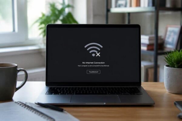 Laptop screen showing a WiFi disconnected icon with a frustrated home office background